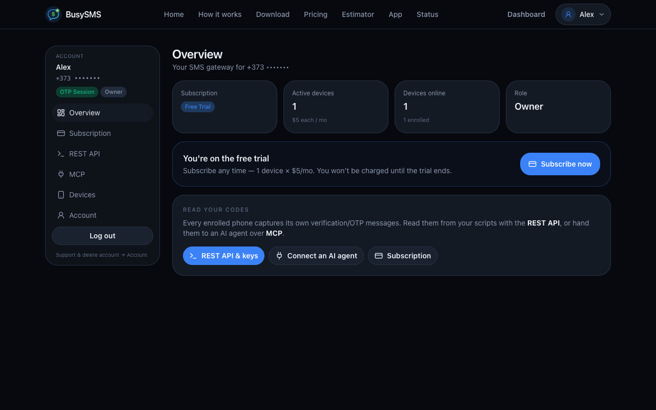 BusySMS OTP Autofill — Dashboard login
